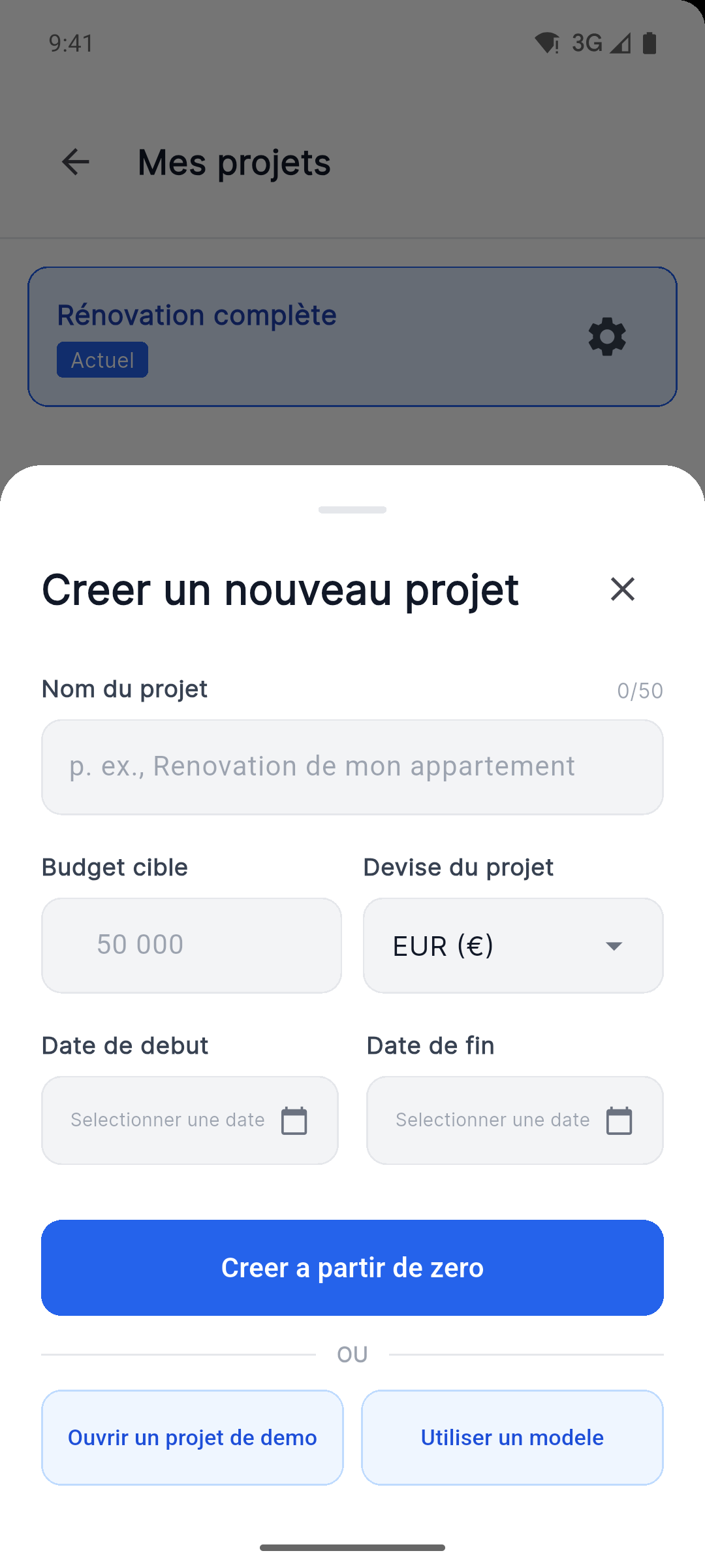 Reno Pro Android create project screen with currency, dates, demo project and template options