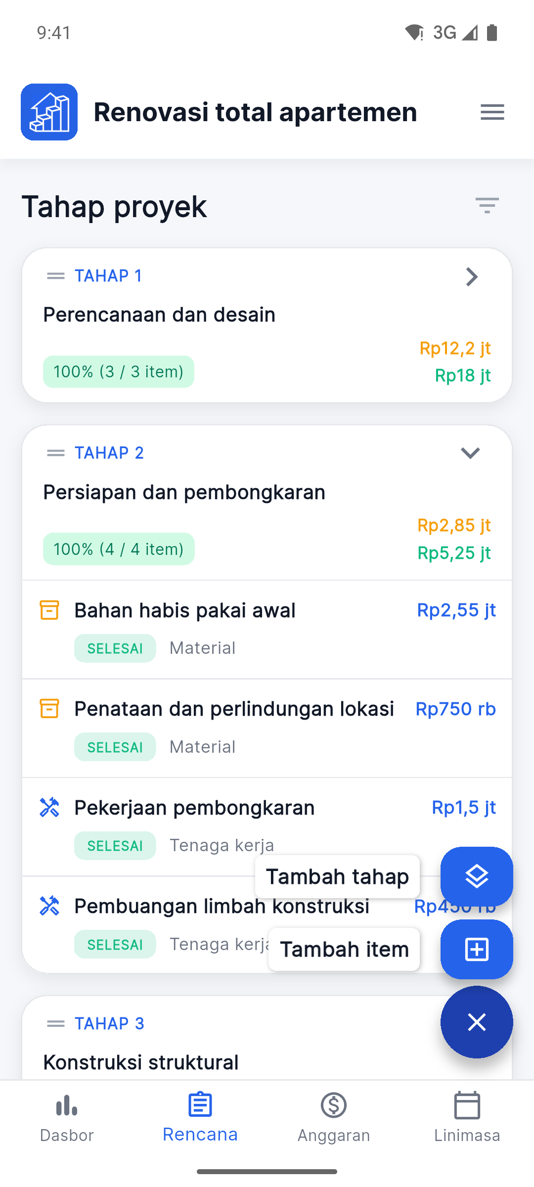 Reno Pro Android project plan with stages and work items