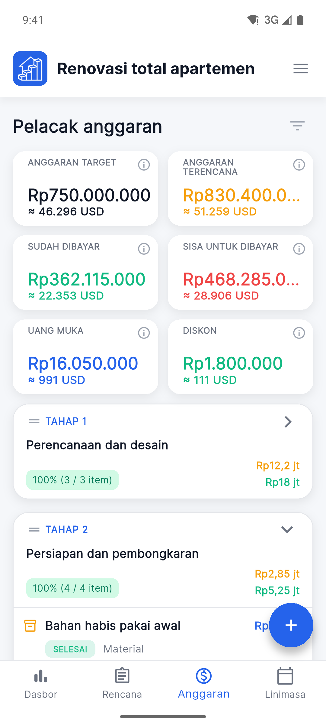 Reno Pro Android budget tracker with planned, paid and remaining costs in two currencies
