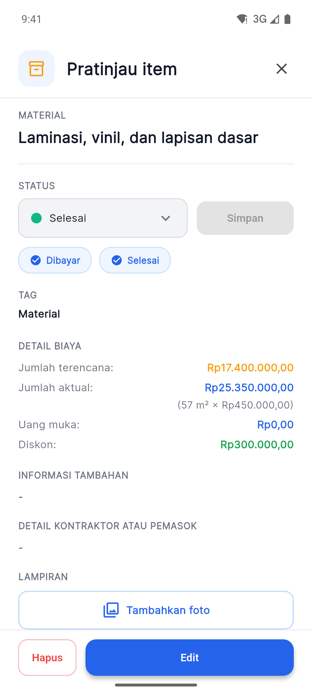 Reno Pro Android item details with status, planned versus actual costs and Attach Photos button