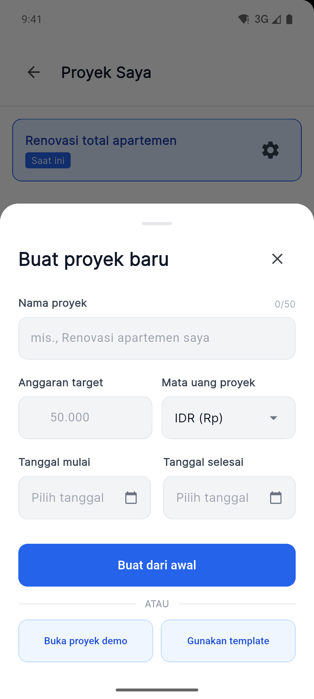 Reno Pro Android create project screen with currency, dates, demo project and template options
