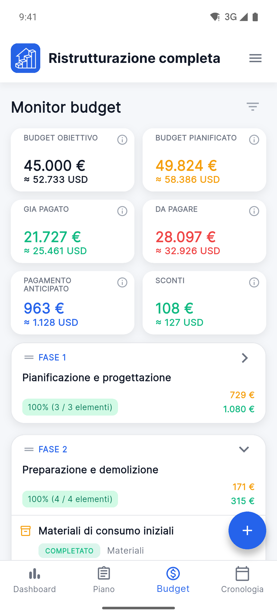 Reno Pro Android budget tracker with planned, paid and remaining costs in two currencies