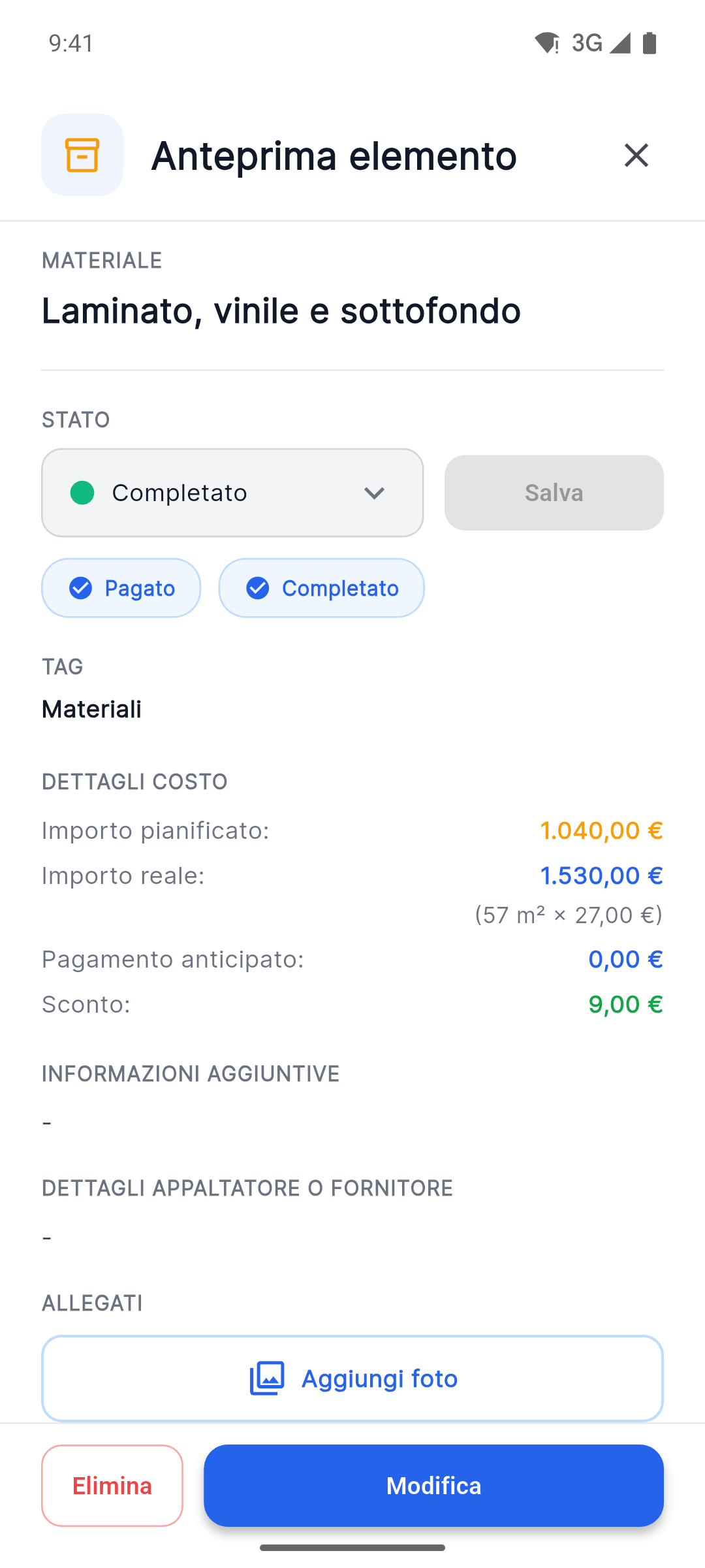 Reno Pro Android item details with status, planned versus actual costs and Attach Photos button