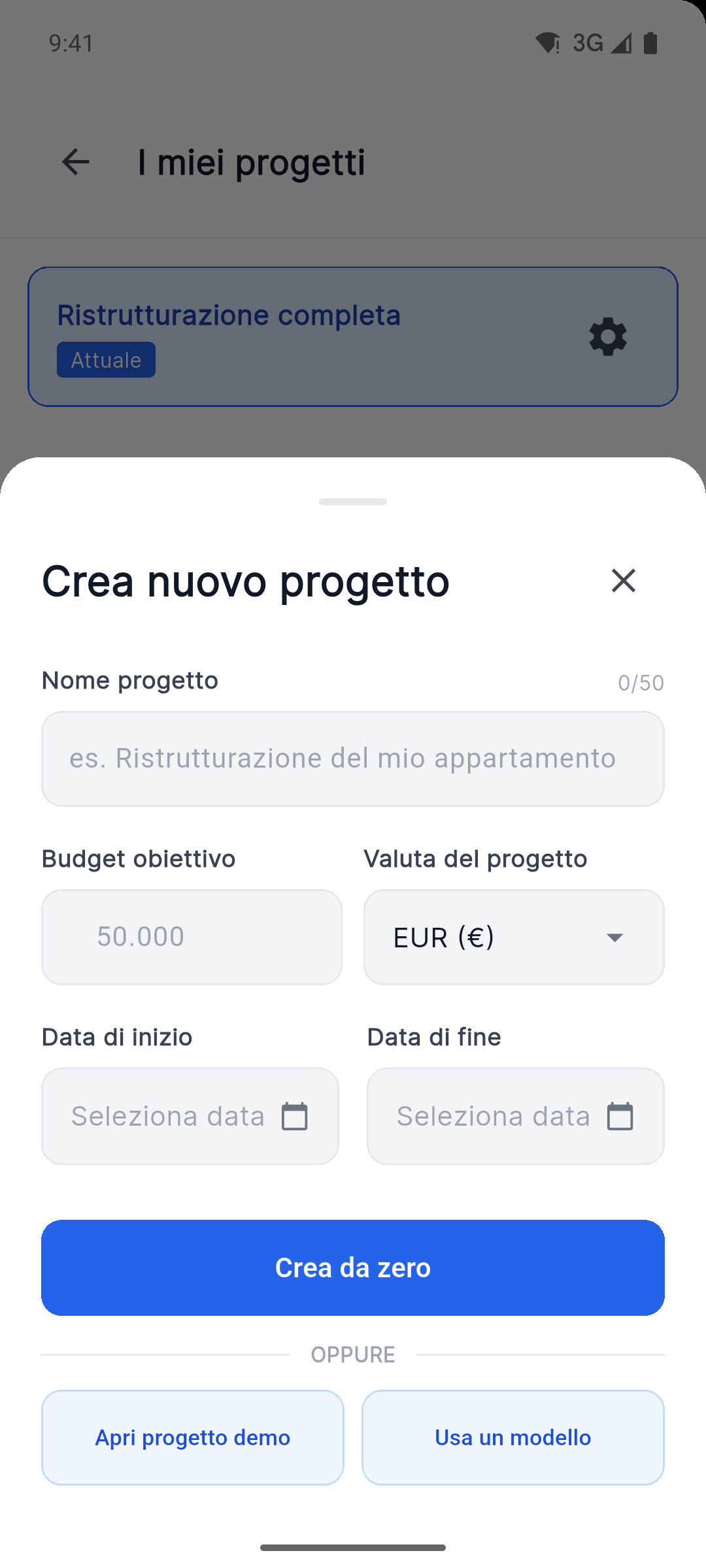 Reno Pro Android create project screen with currency, dates, demo project and template options