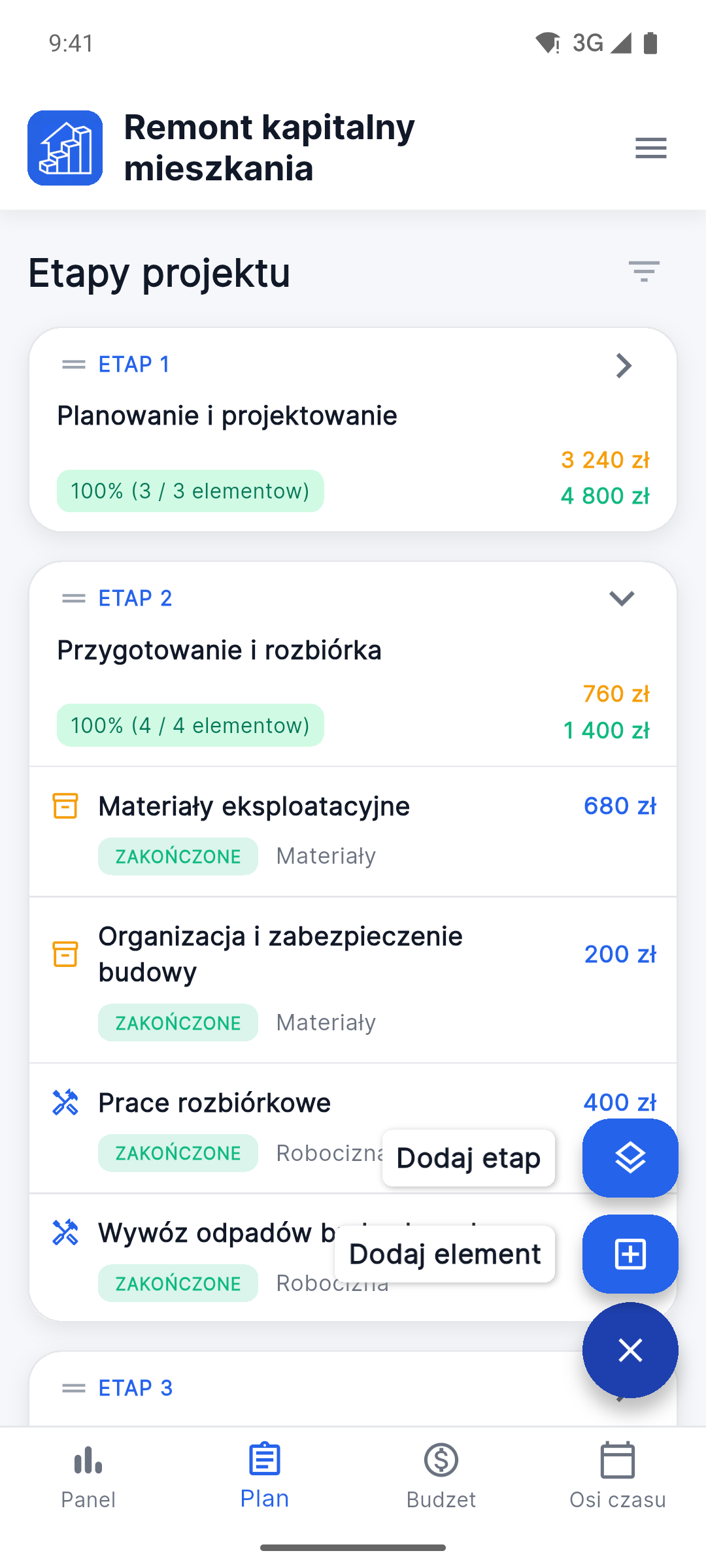 Reno Pro Android project plan with stages and work items