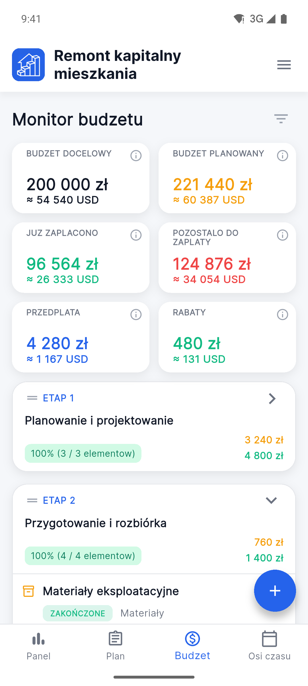 Reno Pro Android budget tracker with planned, paid and remaining costs in two currencies
