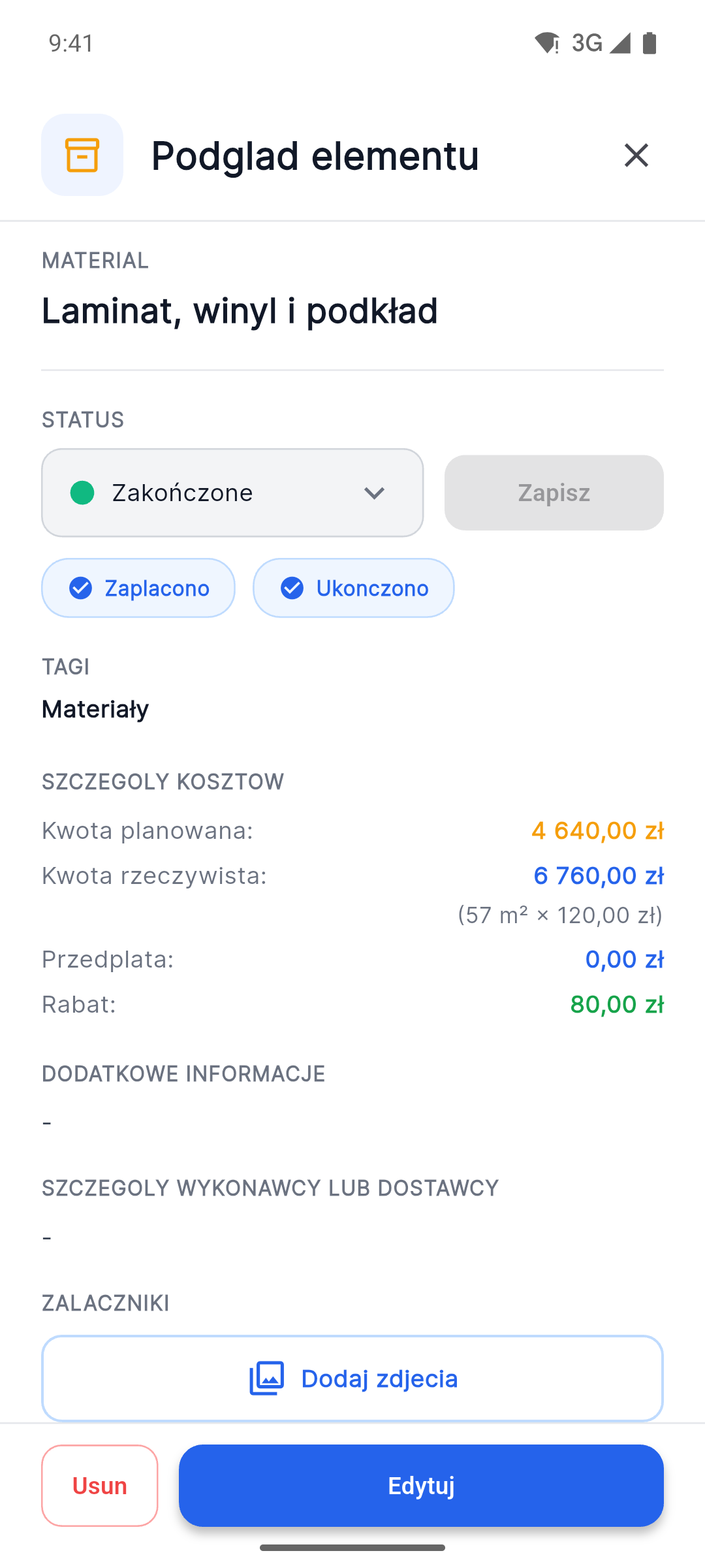Reno Pro Android item details with status, planned versus actual costs and Attach Photos button