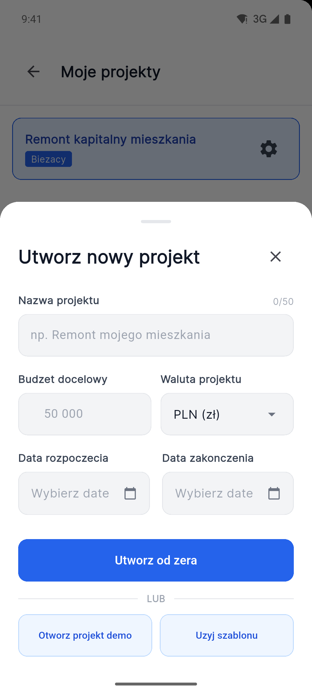 Reno Pro Android create project screen with currency, dates, demo project and template options