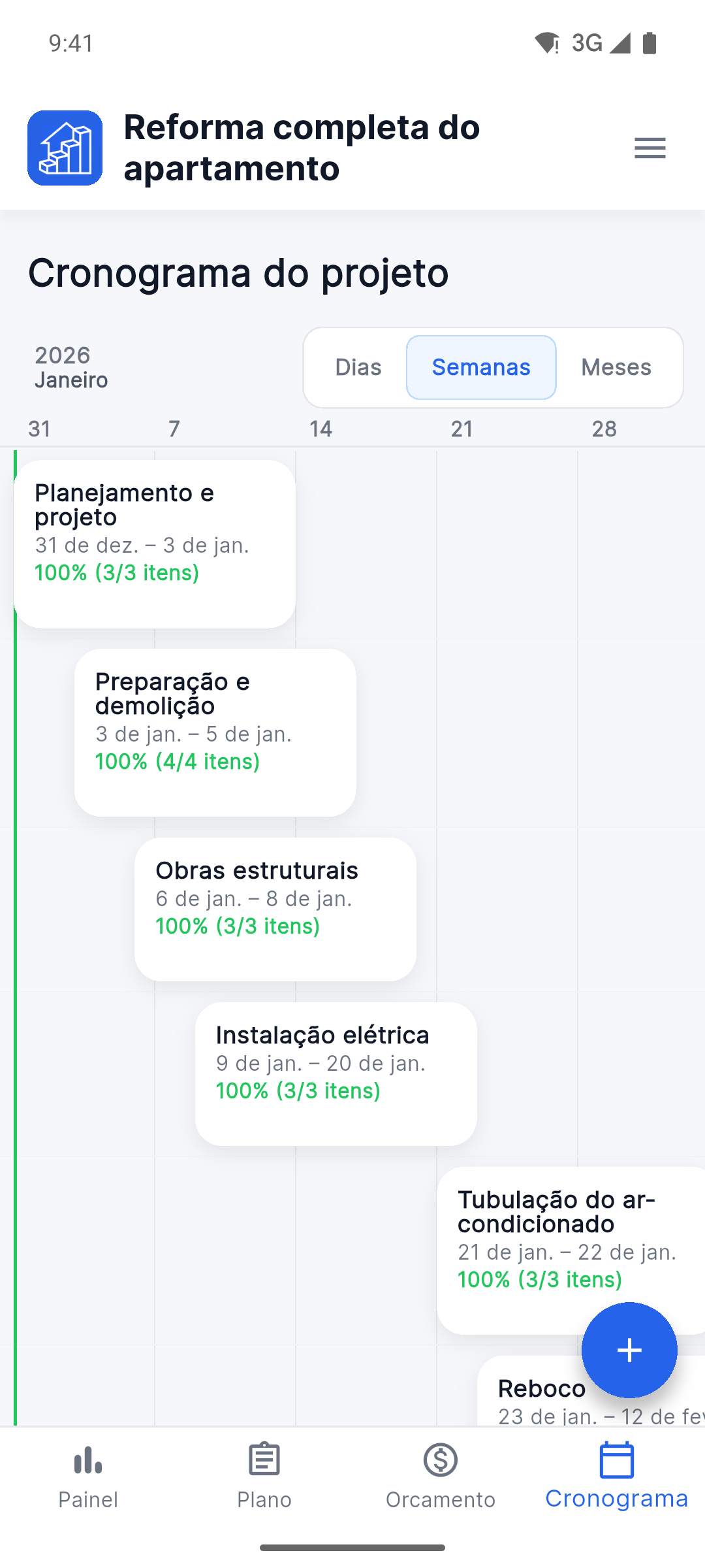 Reno Pro Android project timeline with stages and completion progress