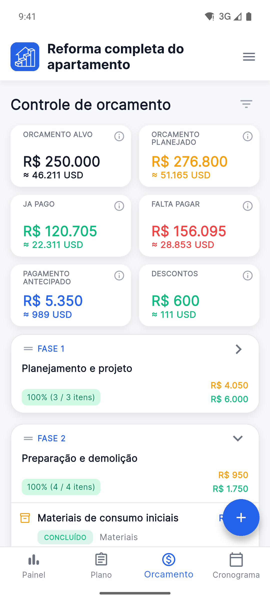 Reno Pro Android budget tracker with planned, paid and remaining costs in two currencies