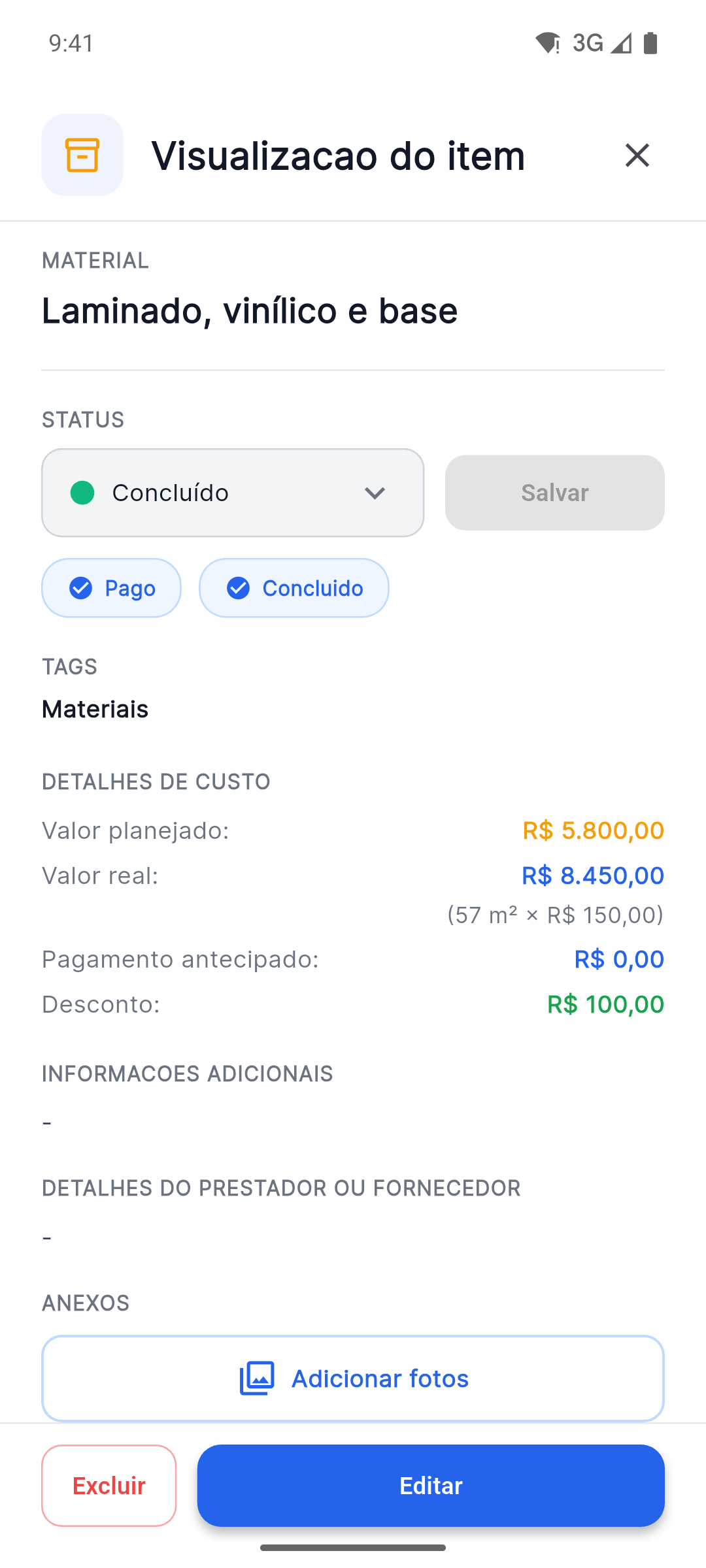 Reno Pro Android item details with status, planned versus actual costs and Attach Photos button