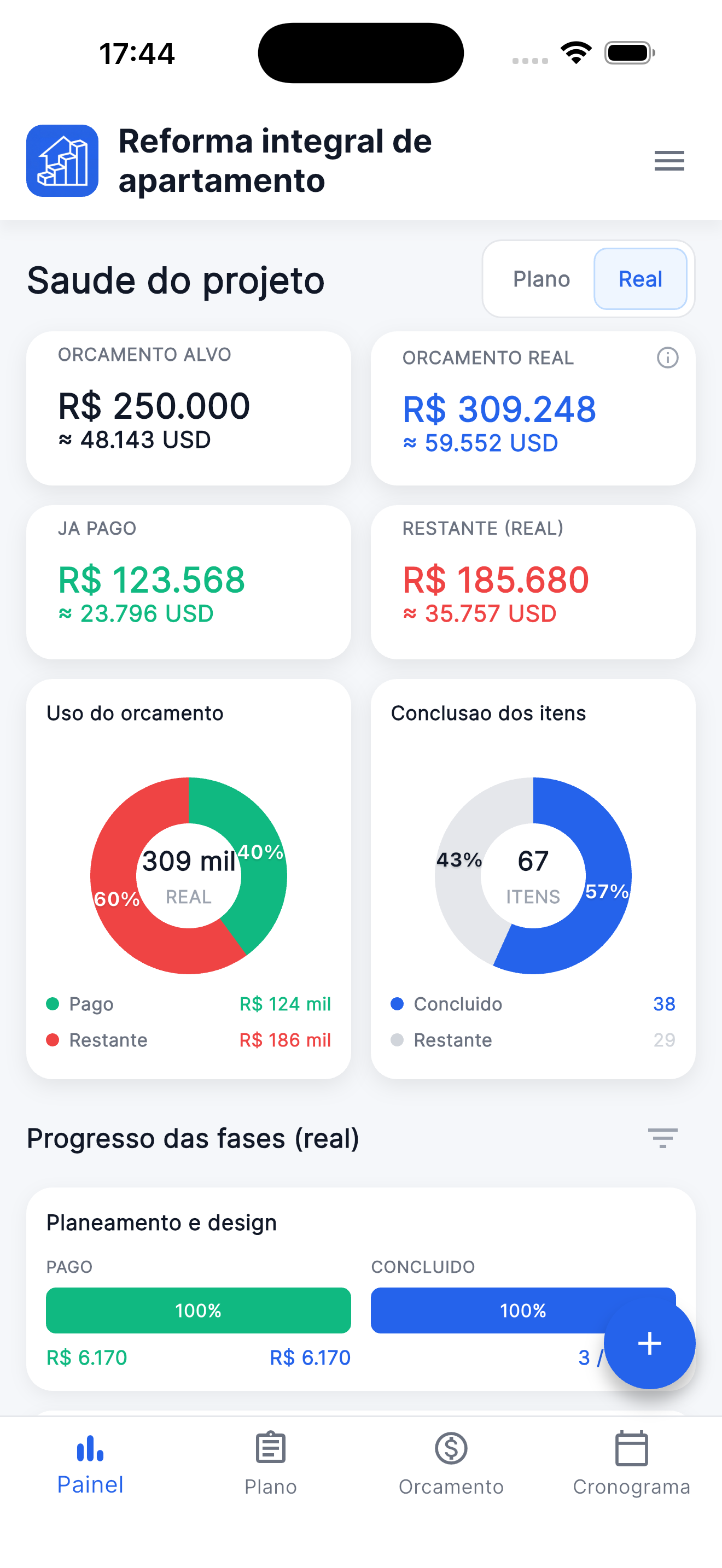 Reno Pro iPhone Project Health dashboard with Dynamic Island and Fact selected