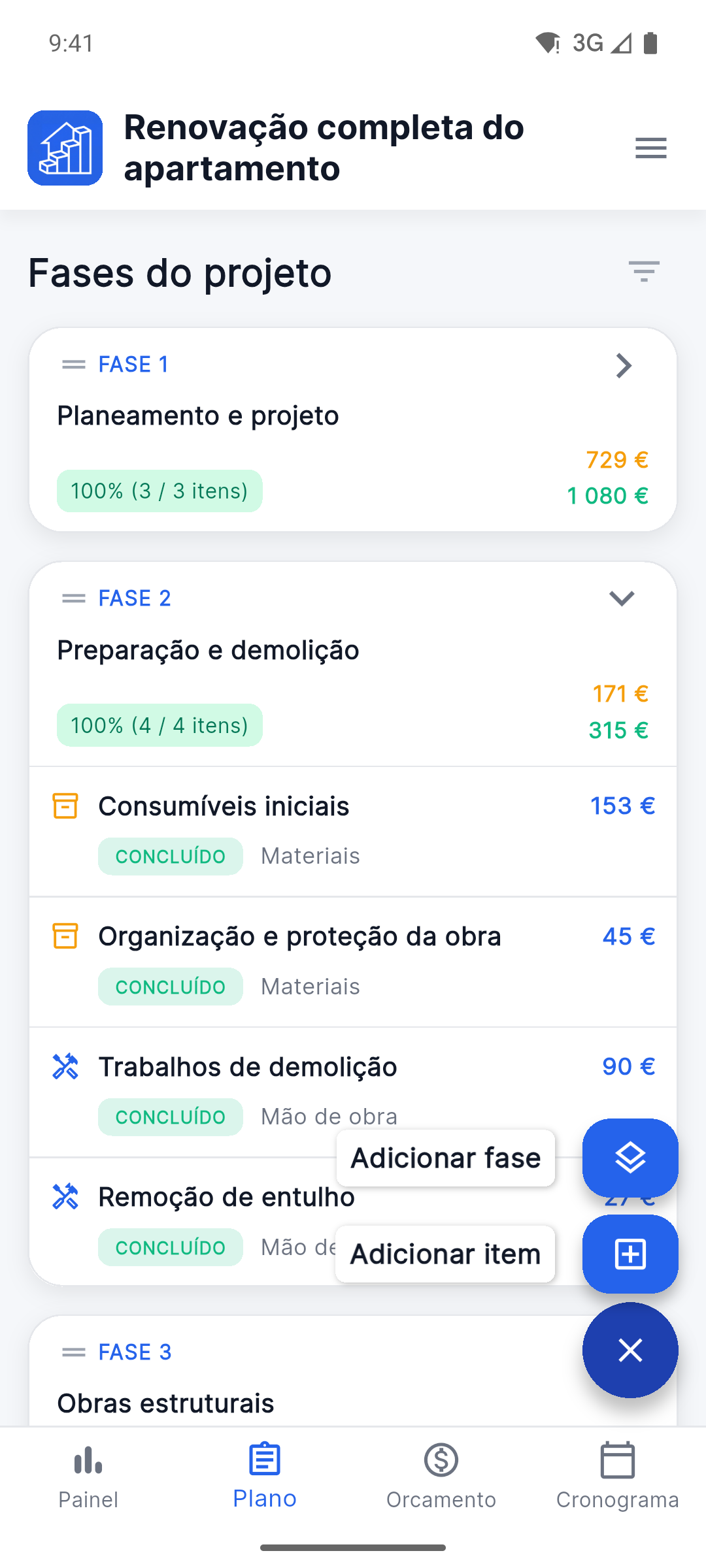 Reno Pro Android project plan with stages and work items