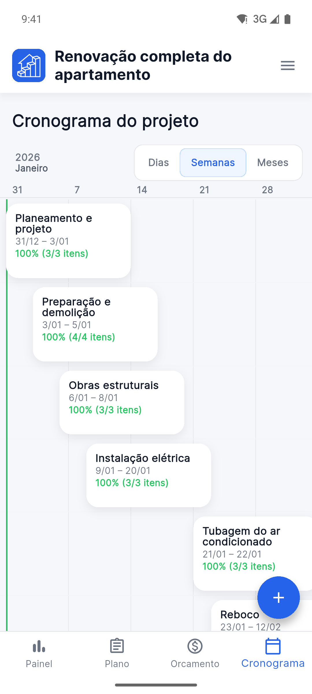 Reno Pro Android project timeline with stages and completion progress