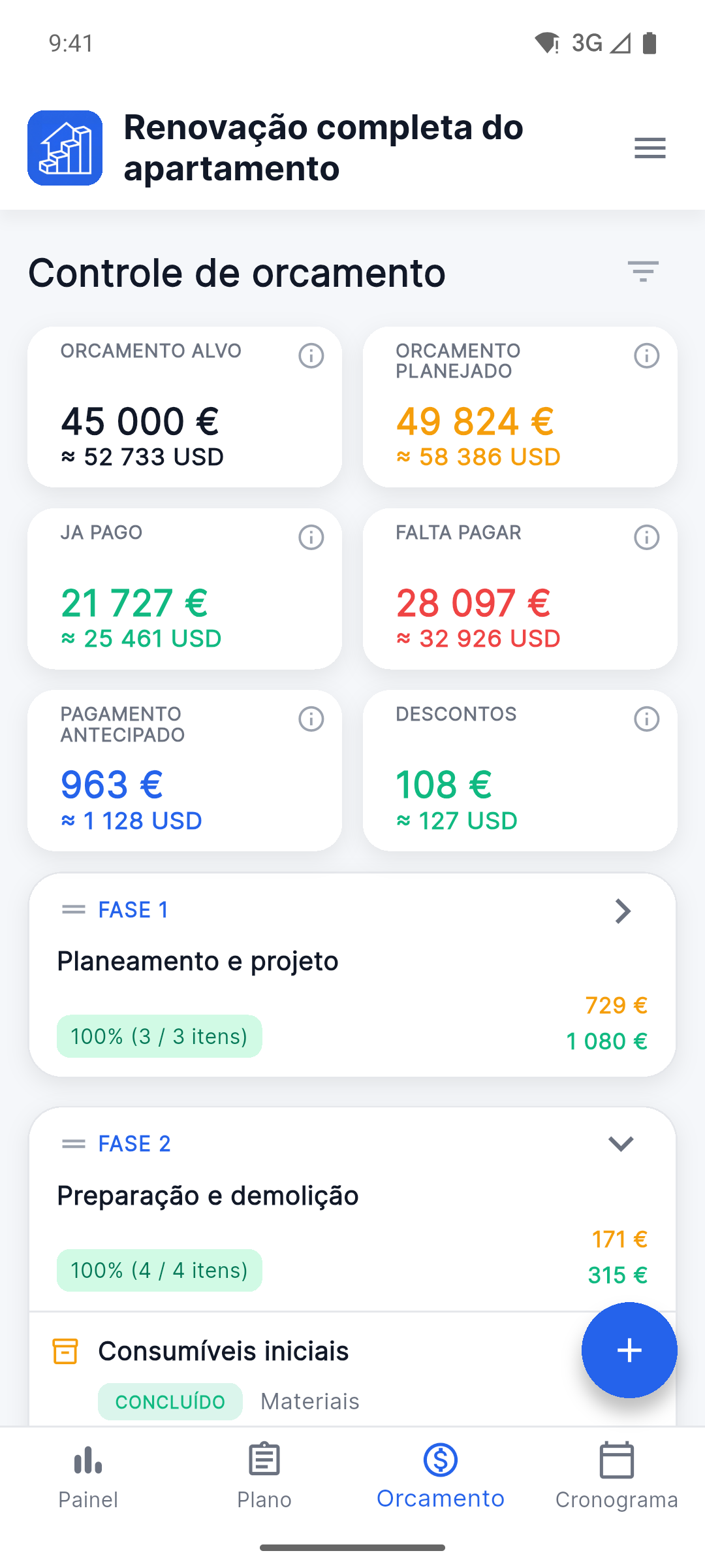Reno Pro Android budget tracker with planned, paid and remaining costs in two currencies