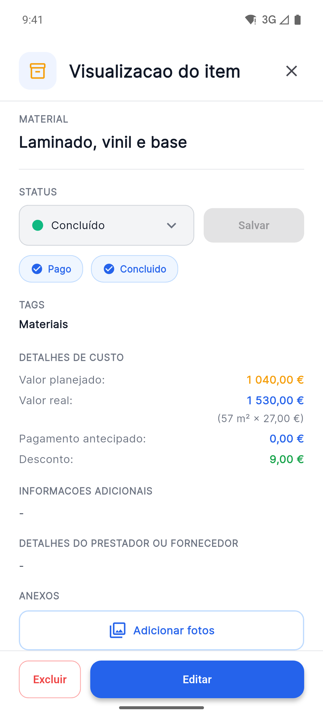 Reno Pro Android item details with status, planned versus actual costs and Attach Photos button