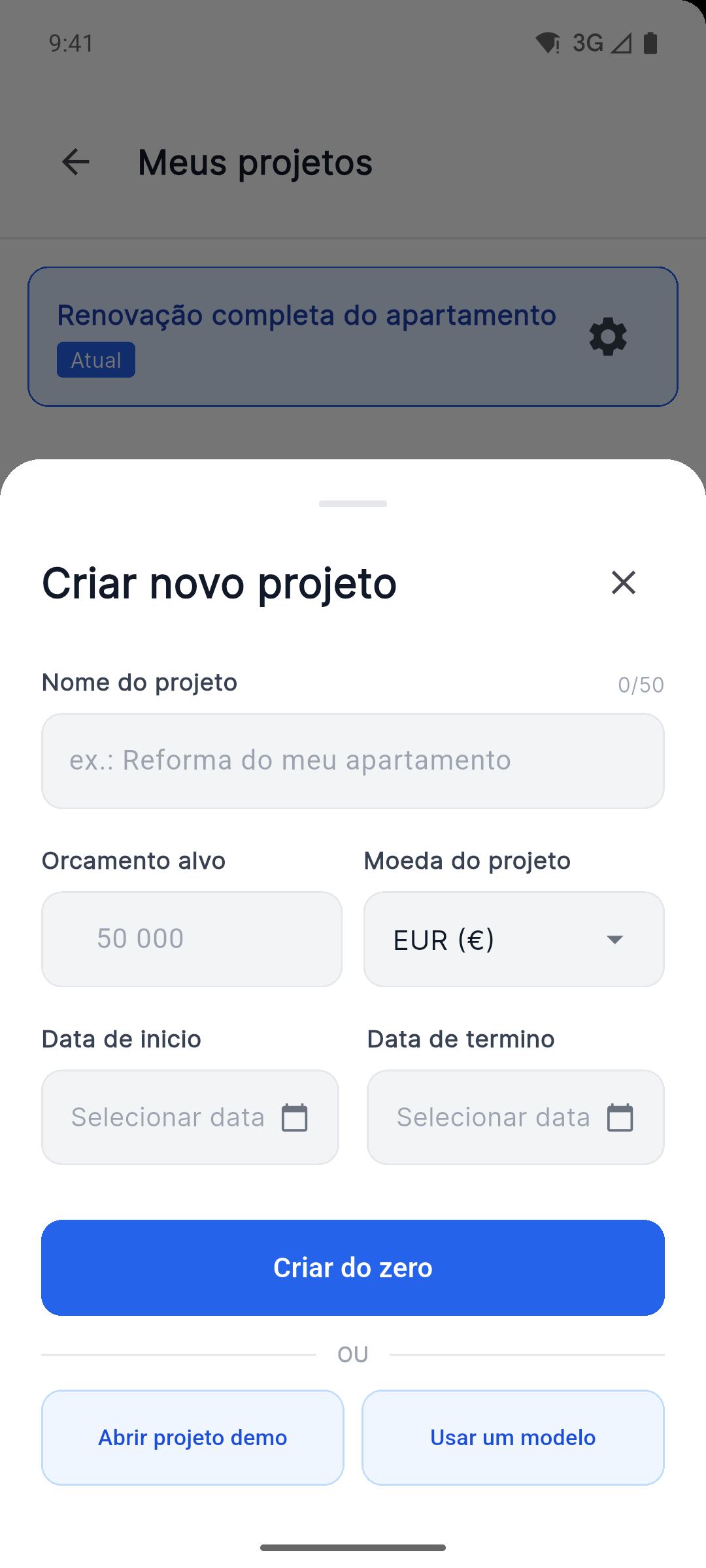 Reno Pro Android create project screen with currency, dates, demo project and template options