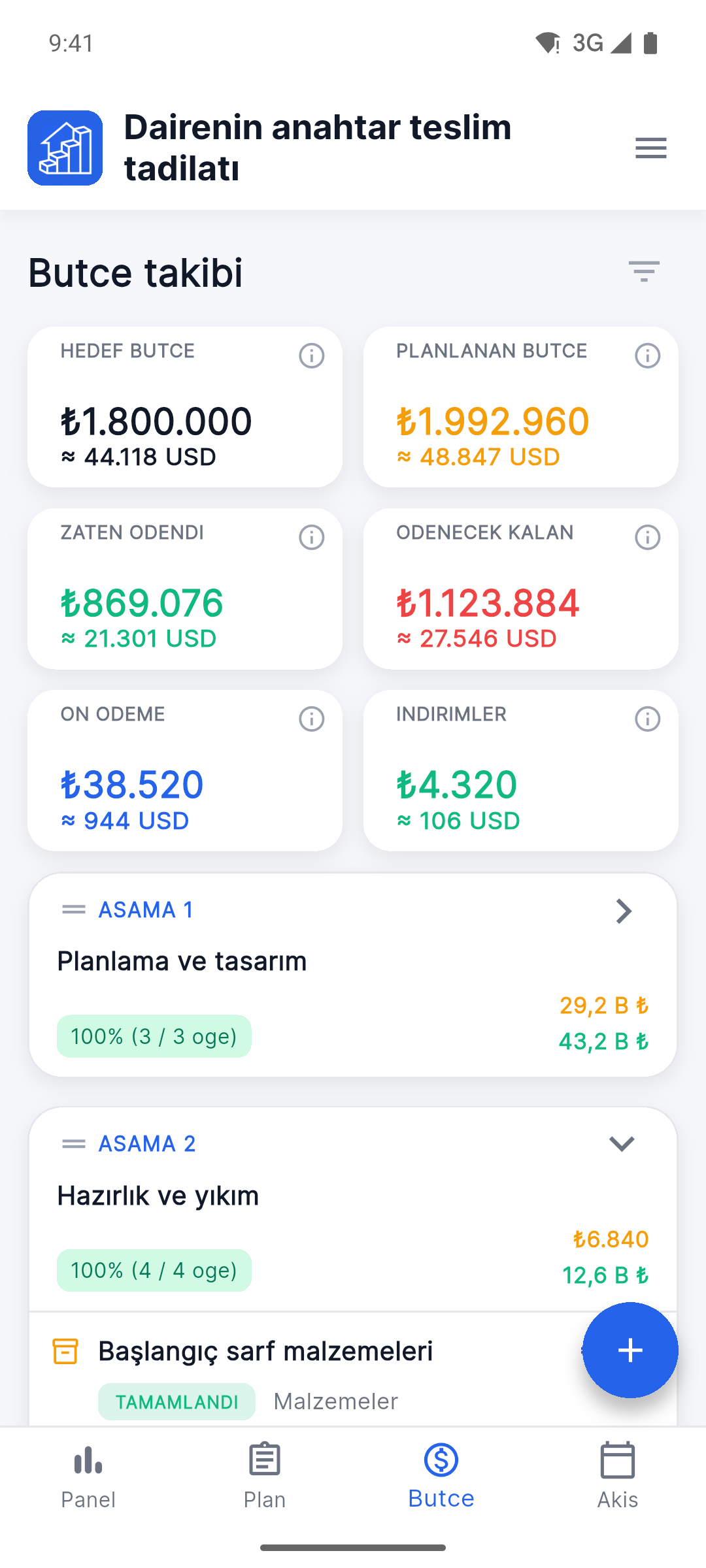 Reno Pro Android budget tracker with planned, paid and remaining costs in two currencies