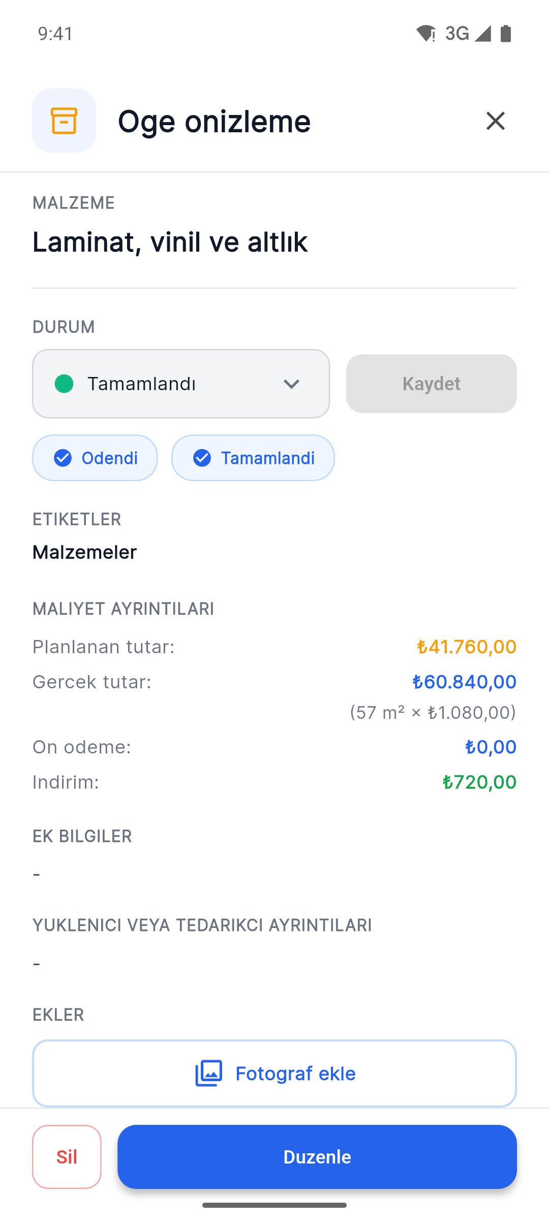 Reno Pro Android item details with status, planned versus actual costs and Attach Photos button