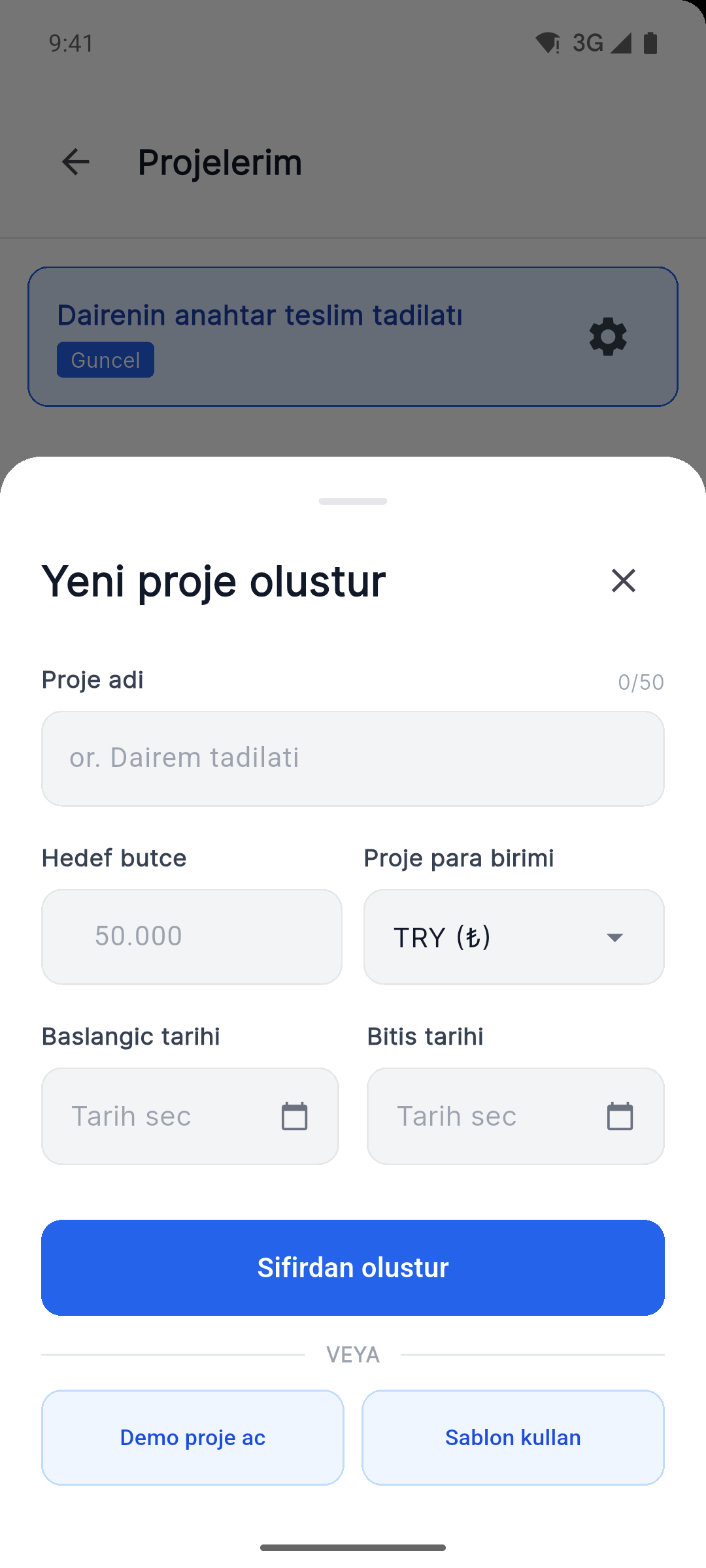 Reno Pro Android create project screen with currency, dates, demo project and template options