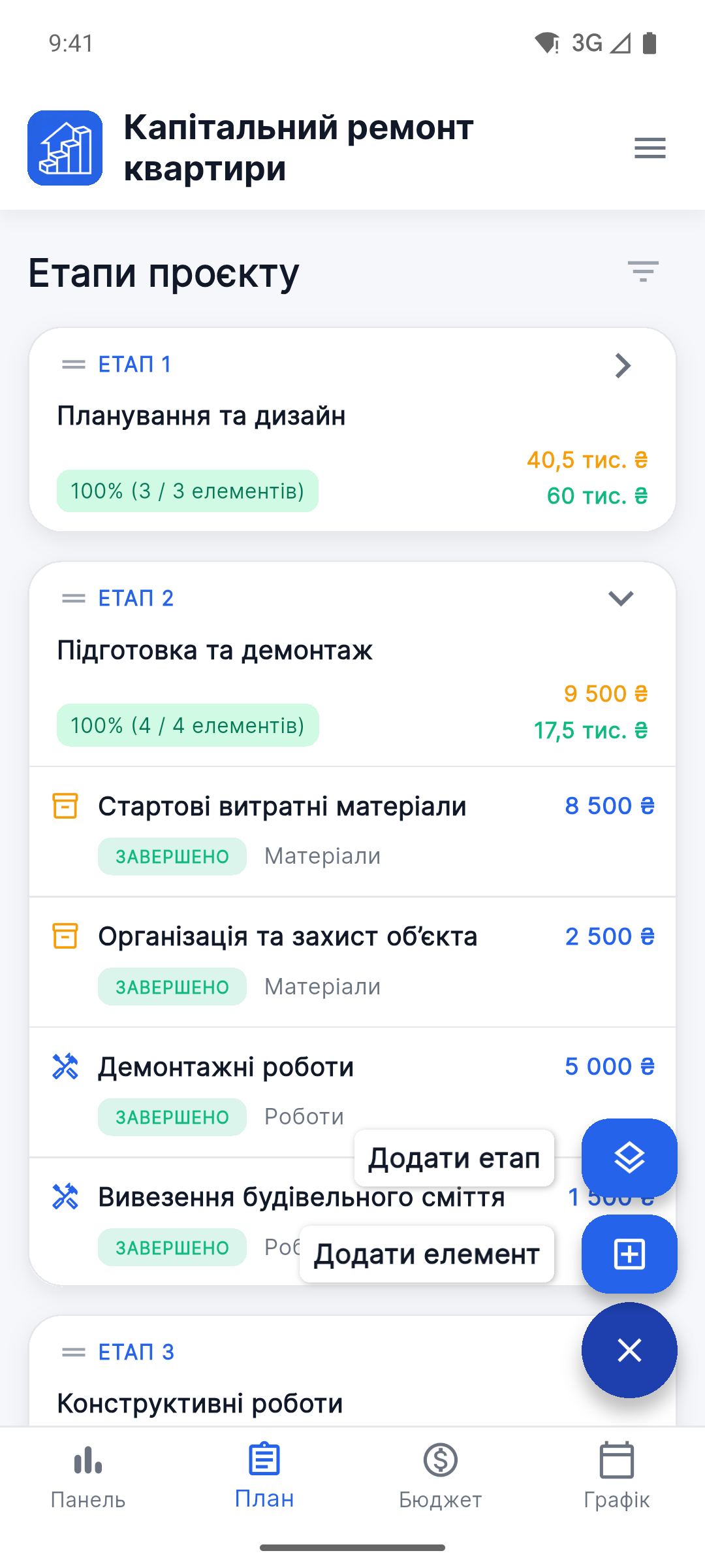 Reno Pro Android project plan with stages and work items