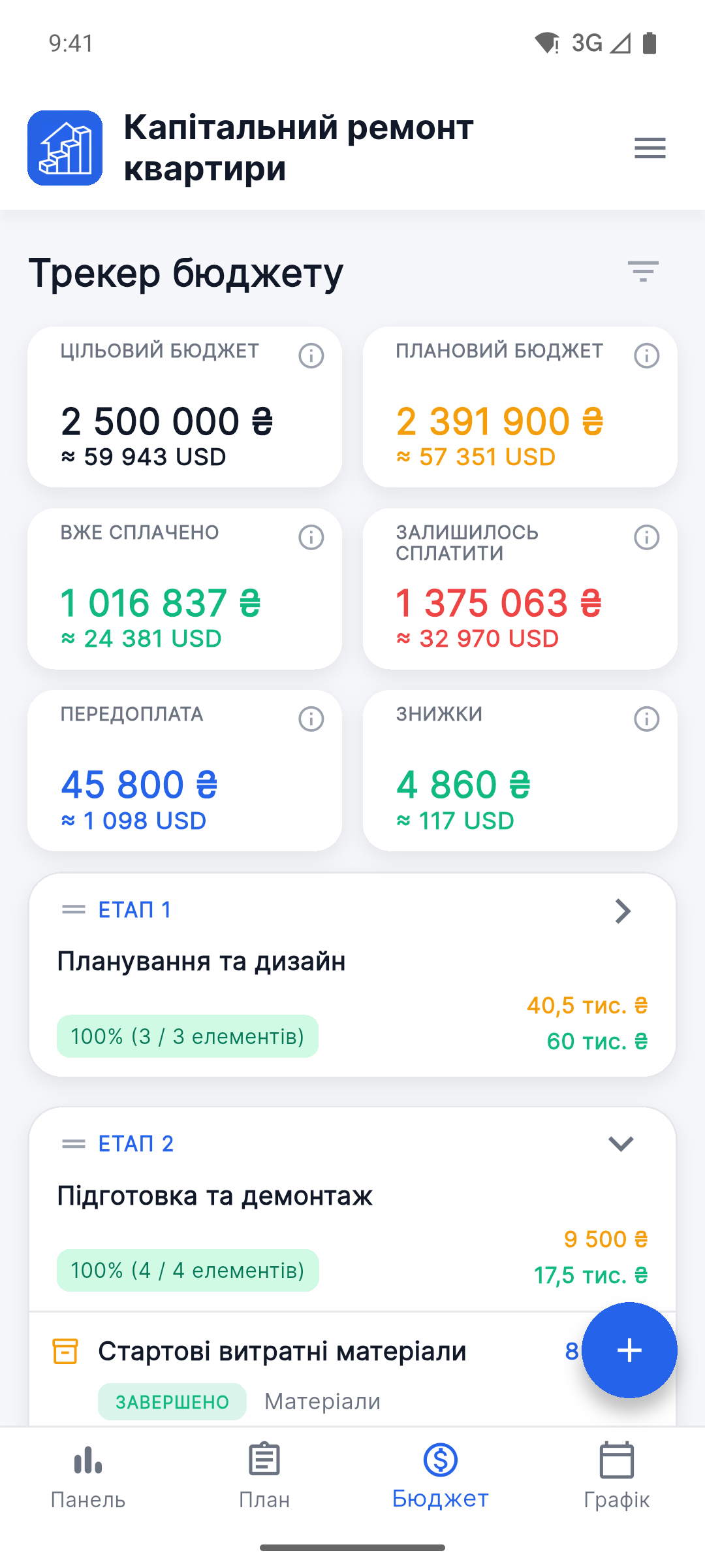 Reno Pro Android budget tracker with planned, paid and remaining costs in two currencies