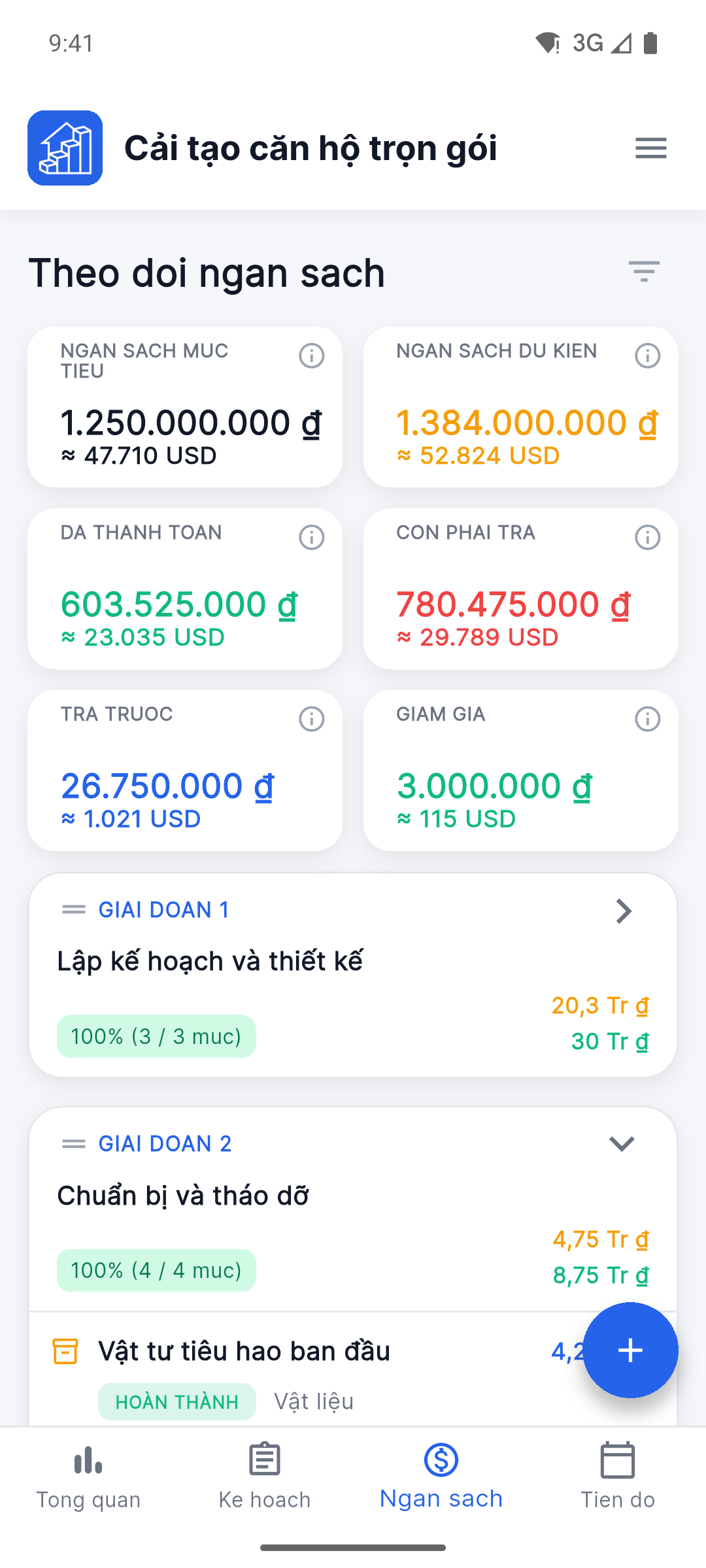 Reno Pro Android budget tracker with planned, paid and remaining costs in two currencies