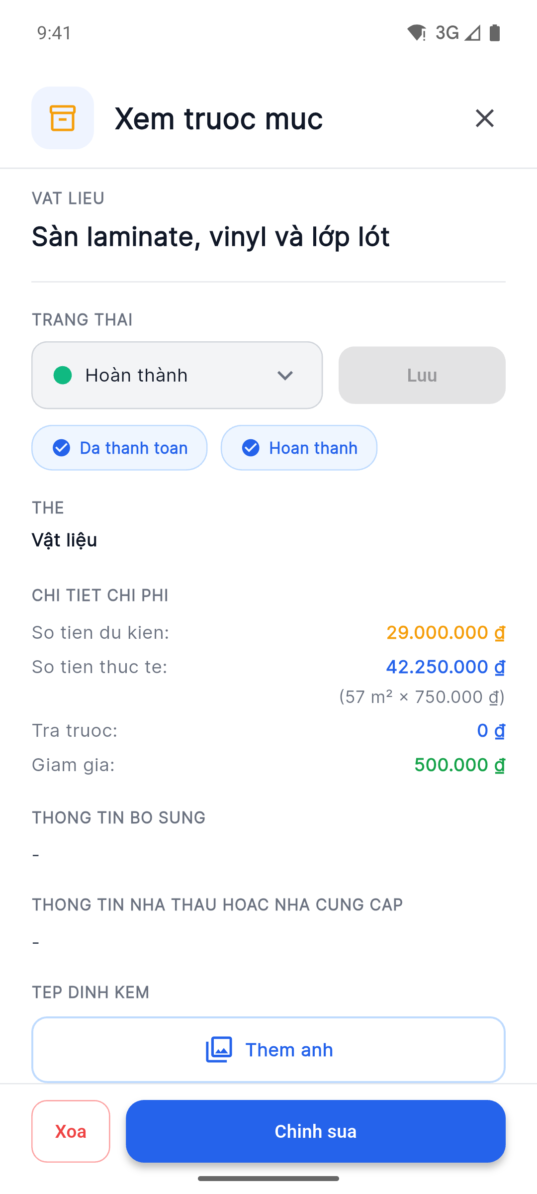 Reno Pro Android item details with status, planned versus actual costs and Attach Photos button
