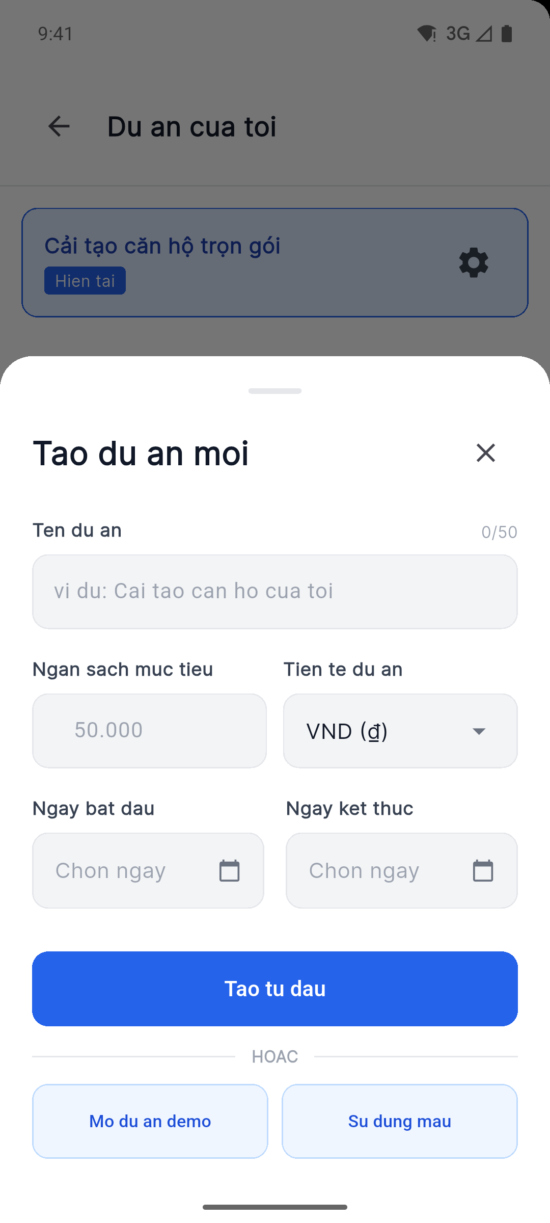 Reno Pro Android create project screen with currency, dates, demo project and template options