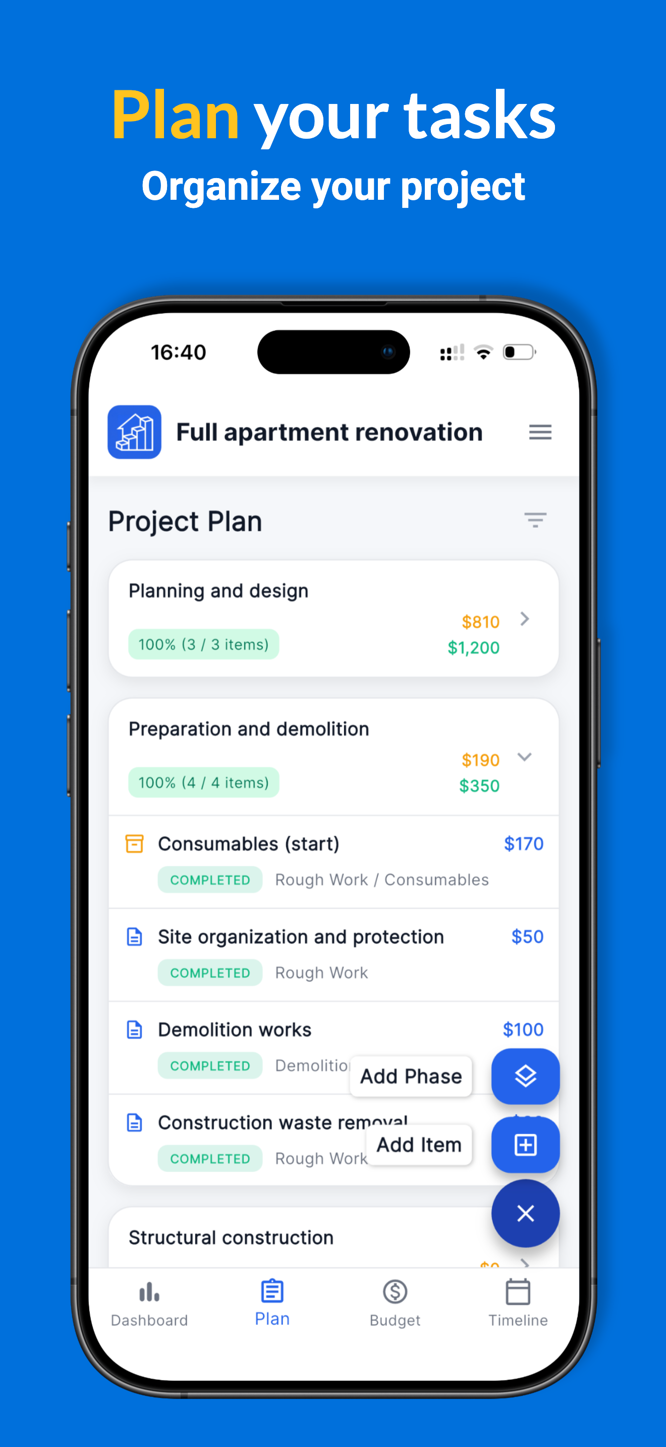 Reno Pro project plan with phases tasks and items